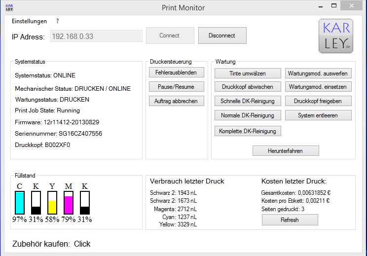 Status Monitor für Colordyne CDT-1600C Memjet Farbetikettendrucker von Karley