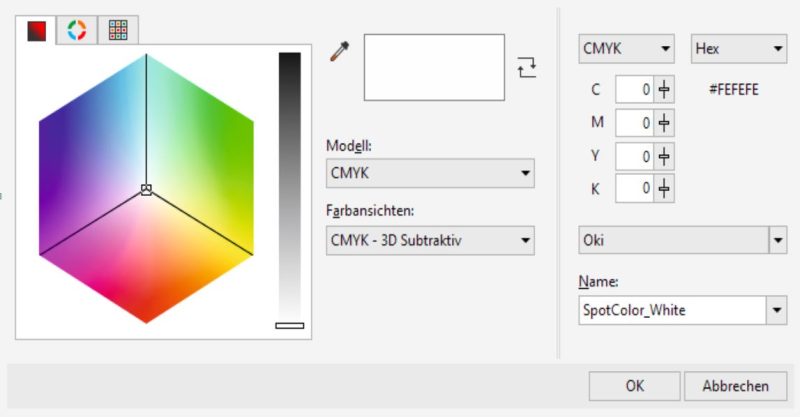 Spotcolor White (Weiß) anlegen in CorelDraw für Oki Pro 1050 oder Astronova QL-300S