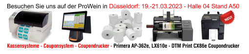 Besuchen Sie uns auf der Pro Wein 2023 Halle 4/A50 in Düsseldorf mit dem Primera LX610e Farbetikettendrucker und Cutter in Einem, Kassensystemen und einen Datumsdrucker für den AP362e