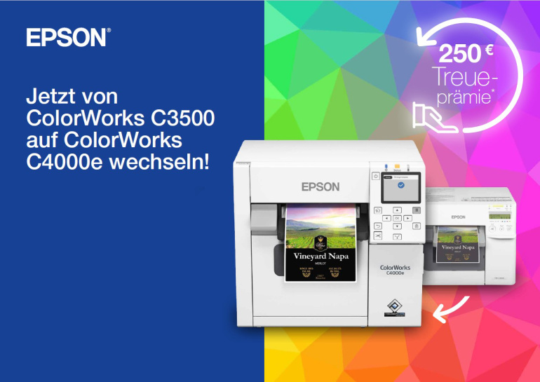 250,- € Treueprämie für Karley.de Kunden: Jetzt vom ColorWorks C3500 auf den ColorWorks C4000e wechseln!